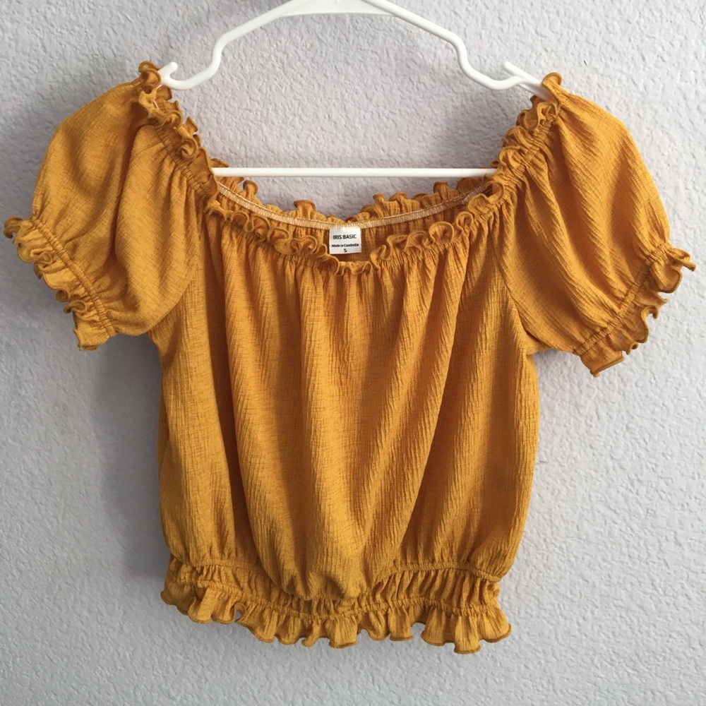 mustard yellow off the shoulder crop top